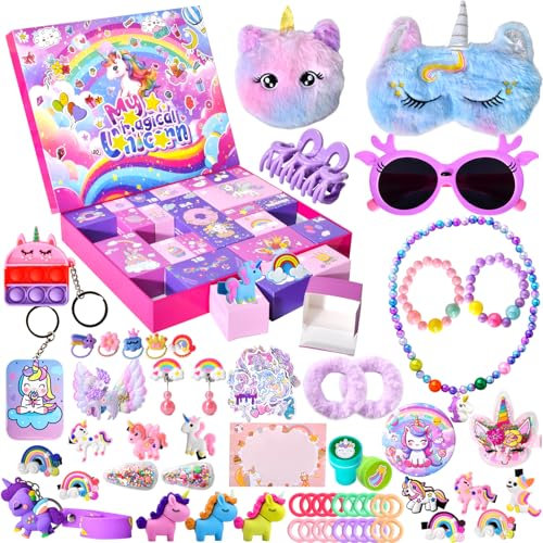 Einhorn Adventskalender Mädchen 2025, Weihnachts Countdown Kalender, mit 24 Tagen Überraschungen Geschenke für Kinder Mädchen, Überraschungspaket mit Schmuck Haarschmuck Spielzeug