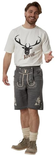 dressforfun Kurze Trachtenhose aus Fleece, vegane Lederhose, Tracht Herren, Trachten Lederhose Look ohne Leder, Vintage Optik mit authentischer Stickerei für Oktoberfest, Volksfest