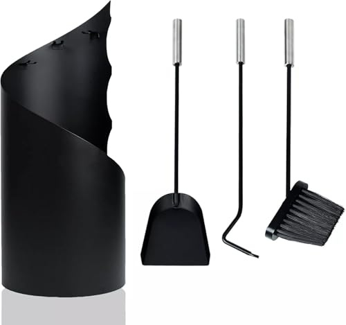 SAILUN Fireplace Tools Set, 4 Piece Heavy Duty Stainless Steel Fire Companion Kit, Including Broom, Shovel, Poker, and Stand, for Indoor or Outdoor Fireplace, Chiminea, Firepit, Black