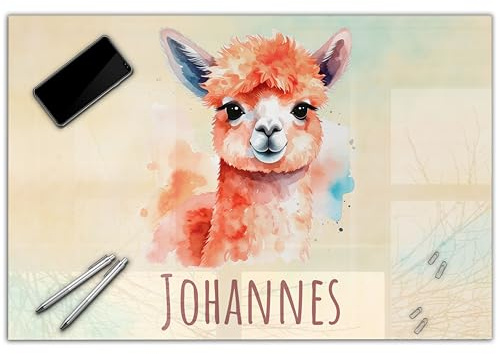 Schreibtischunterlage personalisiert mit Namen | 60 x 40 cm Alpaka | wasserfeste Schreibunterlage, abwischbar, glatt | stabiles, hochwertiges Acrylglas, Kinder Kunststoff Motiv Tiere