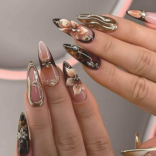 24-Piece Almond Press-On False Nails, 3D Floral, Gold, Glossy Finish | Raised Metallic Borders, Sculpted Lines, Nude Pink, Cream, Brown And Black Tones, For Evening Events, Photos And Celebrations