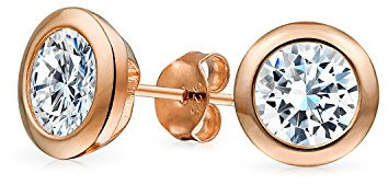 Simple Classic Martini Bezel Set Cubic Zirconia AAA CZ Round Solitaire Stud Earrings For Women Rose Gold .925 Sterling Silver 7MM
