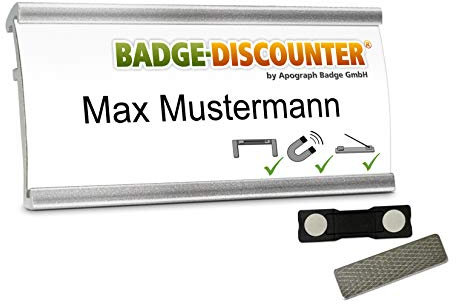 5 Aluminium Namensschilder magnetisch für Kleidung zum Anstecken Komplettset NMSG Silber Alu Namensschild beschriften 2er Magnet Clip Nadel Papier Drucketiketten A4 Magnetnamensschild bedrucken 72x32