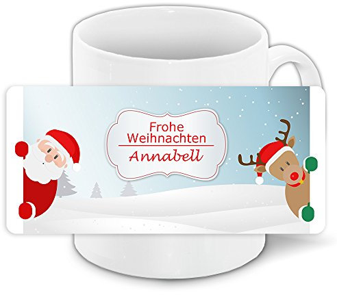 Weihnachts-Tasse mit Namen Annabell und schönem Weihnachtsmotiv mit Weihnachtsmann, Rentier und Schneelandschaft