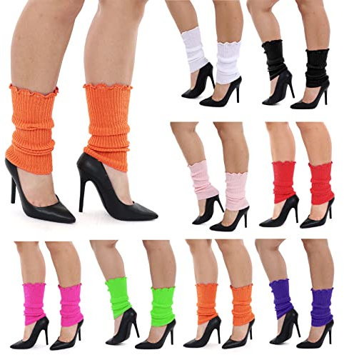 Ladies Orange Leg Warmers - Pair of Neon 80s Legwarmers - 1980s Dancer Pop Star Roller Disco Fancy Dress Costume Accessory