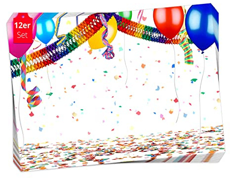 Tischsets | Platzsets - Partystimmung mit Luftballons und Luftschlangen - aus extra dickem Naturpapier - 44 x 32 cm - 12 Stück in Aufbewahrungmappe