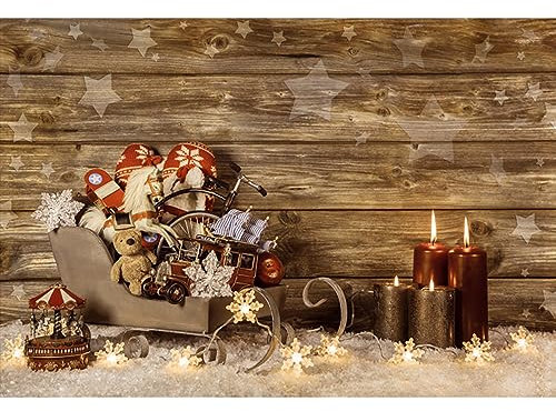 YongFoto 3x2m Foto Hintergrund Weihnachten Geschenke Spielzeug Schlitten Kerzen String Schneeflocken Lichter Snow Star Holzboden Innenraum Weihnachten Fotografie Hintergrund Kinder Hochzeit Fotostudio
