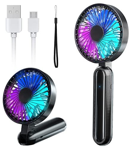 VersionTech Hand Held Fan with Color Light, 5 Speed Hand Fan,Portable Foldable USB Fan Table Fan with Rechargeable Battery Operated Electric Fan for Travel Office Room Household-Black