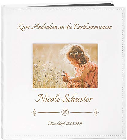 Maverton Fotoalbum zum Selbstgestalten mit Bildausschnitt + mit Gravur | Schwarze Seiten, Größe 33x30cm, Weiß, personalisierte Geschenke für Kinder zur Taufe Kommunion, Geburtstagsgeschenk