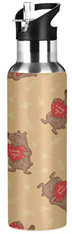 MNSRUU Bouteille d'eau isotherme pour filles et garçons, motif avec oursons, bouteille d'eau en acier inoxydable avec paille, 567 g