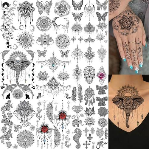 EGMBGM 28 Blätter Schwarz Temporäre Tattoos Frauen Mädchen Hochzeit Bräute Tribal, Wasserdichte Fake Tattoos Temporäre Damen Elefanten, Lotus Blumen Tatoo Aufkleber Mond Hals Brust Arm Schmetterling