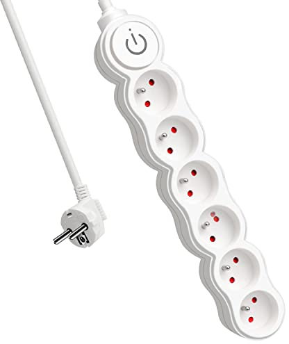 EXTRASTAR Bloc Multiprises 6 Prises avec Interrupteur, Rallonge 1,5 m 250 V avec sécurité Enfant, Blanc
