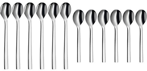 WMF Nuova Latte Macchiato Löffel Set 6-teilig, Lange Löffel 19 cm, Joghurtlöffel, Cromargan Edelstahl poliert & Nuova Espressolöffel Set, 6-teilig, L 11 cm, Cromargan Edelstahl poliert