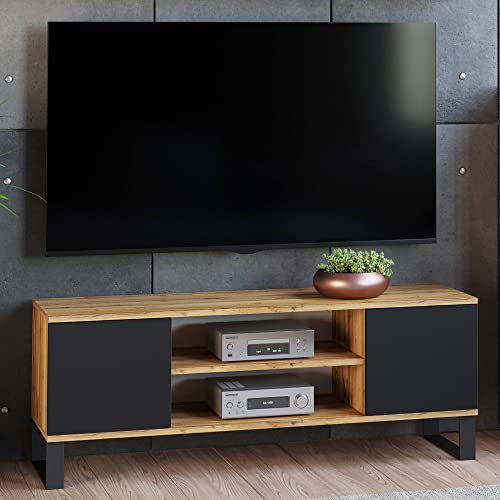 Dmora - Fernsehschrank Pabianice, Ständer für Wohnzimmerfernseher, Niedriges Wohnzimmer-Sideboard, TV-Ständerbasis, 155x40 h49 cm, Braun