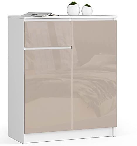 AKORD Kommode K80 2D1SZ mit 2 Türen und 1 Schublade | für das Wohnzimmer Schlafzimmer Schrank Büro Arbeitszimmer | B80 x H99 x T40 cm, Gewicht 34kg | Weiß/Glänzender Cappuccino