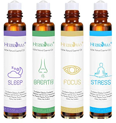 Set di roll on con oli essenziali di aromaterapia HERBROMAS, miscele naturali già diluite per l'uso sulla pelle, regalo rilassante per donne e uomini, confezione da 4 x10ml.