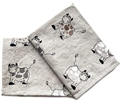 JOWOLLINA 2er-Set: Gourmet Geschirrtücher Küchentücher Handtücher Tücher 44x68 cm Halbleinen Stonewashed Bedruckt (Happy Cow)