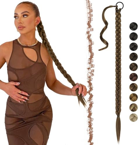 FESHFEN Braid Extensions Pferdeschwanz Verlängerung mit Haargummi, 85 cm Hellbraun Lang Ponytail Geflochten Kunsthaar Pferdeschwanz Zöpfe Zum Einflechten Zopf Haarteil für Tägliche Party