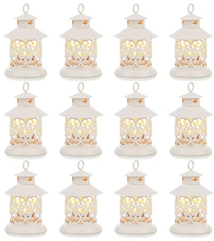 Romadedi Lanterna decorativa per lumini tealight, 12 pezzi, stile vintage, bianca, mini lanterna da appendere per lumini da tè, decorazione per matrimoni, centrotavola da caffè, tavolo da pranzo,