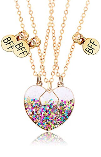 Hifot 3 Stück Halskette Damen Gold Freundschaftskette, Bff Ketten für 3 Mädchen, Bunte Kette Herz Anhänger Pailletten, Modeschmuck Halskette für Freundin Geschenk Personalisierter Schmuck