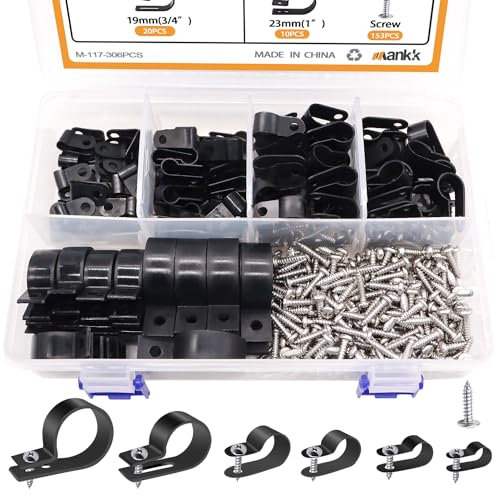 mankk 306 Pcs Nylon Plastic R-Type Cable Clips 6 Sizes (3/16'' 1/4'' 3/8'' 1/2'' 3/4'' 1'') Wire Mounting Clips Cable Clamps Assortment Kit with Head Phillips Screws for Cable Management M-117