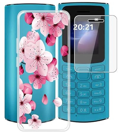 HGJTF Case for Nokia 105 4G 2023 (1.8 inches) Tempered Glass Screen Protector, Ultra Thin Shockproof Mobile Phone Silicone Scratch-Resistant Soft TPU Case - Peach