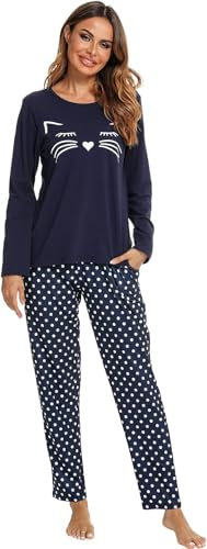 Schlafanzug Damen Baumwolle Pyjama Set, Lang Zweiteiliger Nachtwäsche Raglanärmel Sleepwear und Lange Pyjamahose, Herbst Winter Hausanzug Freizeitanzug