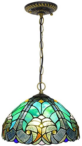PAZWAHF Vintage grüner Tiffany-Stil, mittelgroße Pendelleuchte, Buntglas-Hängelampe, Breite 12 Zoll, Höhe 36 Zoll, hängender Kronleuchter