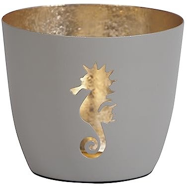 Seaside No.64 - Maritime Windlichter Baltic aus Metall mit ausgestanzten Motiven - Verschiedene Farbkombinationen für Teelichter & Stumpenkerzen in Haus und Garten (Seepferdchen - grau, Gold)