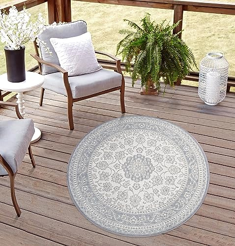 Rikmani Outdoor Teppich rund Wetterfest für Terrasse, Balkon, modernes Design, ideal für Küche und Esszimmer, robuster Teppich