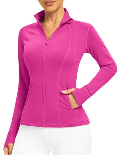 QUEENIEKE Women's Slim Fit Running Jackets - Long Sleeves Athletic Workout Gym Tops with Back Mesh Vent & Thumb Holes (Hot Pink, Large)