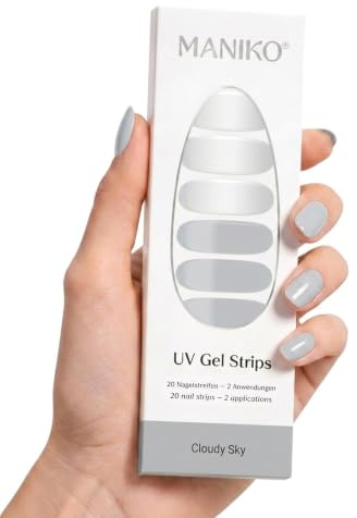 Maniko UV Gel Strips Cloudy Sky Grau – 20 UV Nagelsticker, 2 Anwendungen | UV Nagellack zum Kleben, selbstklebende Nagelfolie für natürliche Nägel, vegan & langanhaltend – Geschenk zu Geburtstag