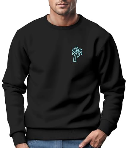 Neverless® Sweatshirt Sweatshirt Herren Aufdruck Print Palme Line Art Motiv Rundhals-Pullover Fashion Streetwear schwarz-Tuerkis XL