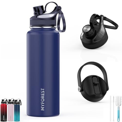 MYFOREST 680/1000ml isolierte kleinen/großen Schluckwasser 2 Deckeln Trinkflasche mit abnehmbarem Strohhalm/100% spülmaschinenfest/auslaufsicher/BPA-frei/Oberer Griff/kalt kohlensäurehaltige Getränke