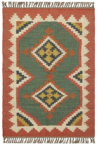 CASAVANI Läufer – 6,6 x 10,2 cm, wendbarer Kelim-Teppich, grün-braun, Wolle und Jute, handgewebter Teppich, für drinnen und draußen, Flachgewebe, stark frequentierte Fläche, Seehaus, Schlafzimmer,