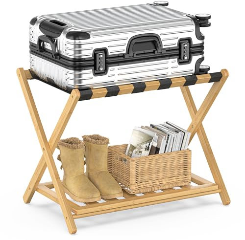 BAMBOOHOMIE Porte-bagages épais de 68 cm pour chambre d'amis, large support de valise en bambou avec étagère de rangement, support de bagage pliable pour chambre à coucher, hôtel, porte-bagages pour