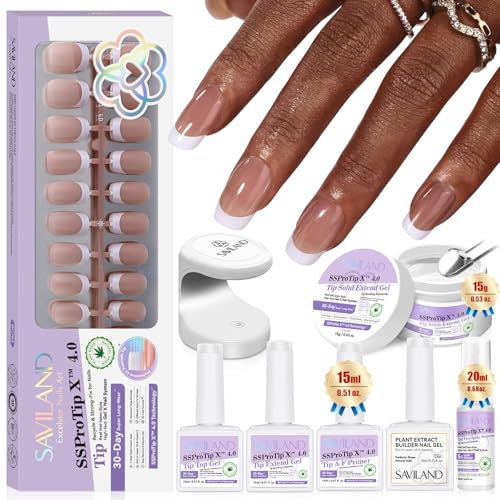 Saviland Kit Complet Faux Ongles Carrés Français, 500 Pièces Nudes Français Press on Nails avec Lampe a Ongle U V, Gel Construction Ongle, Huile Cuticule, Top Coat, Autocollants Adhesif, Dissolvant