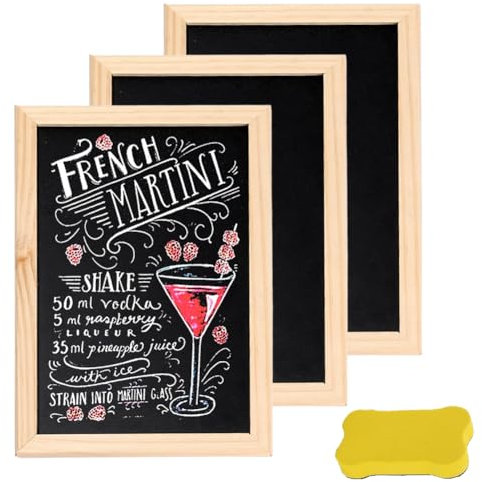 Kreidetafel Klein Zum Beschriften - 3 Stück 20 x 30 cm Mit Schwammradierer, Holz, für Kinder, Hochzeit, Memo, Party, Schule, Küche
