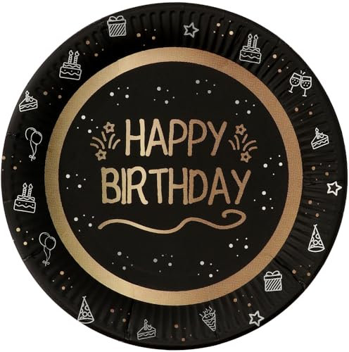 Folat 25046 Party Decoration Black Gold Silver Plate Shiny Glam 23 cm Pack of 8 for Birthday, Anniversary