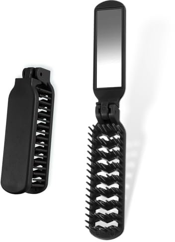 1 Pack Folding Hair Brush with Mirror - Portable Travel Brush for Men & Women, Compact, Slick Back, Thick to Thin, Curly to Straight, Wet & Dry Hair