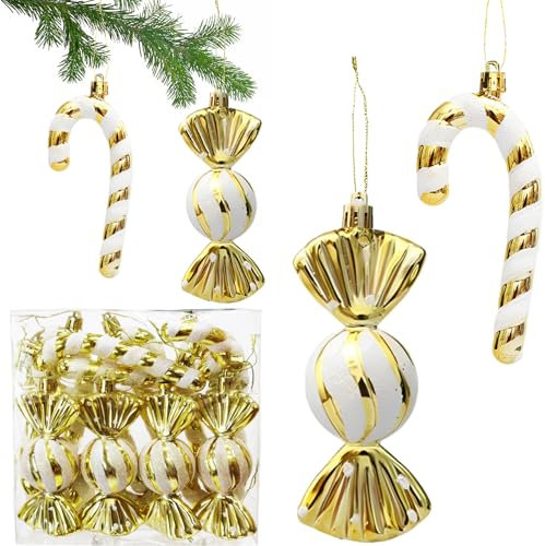 12 Stück Glitzer Weihnachtsbaumschmuck Gold,XXL Weihnachtskugeln Zuckerstangen Deko,Weihnachten Weihnachtsbaum Anhänger Tannenbaumschmuck Weiß Gold für Weihnachtsbaum Deko Christbaumschmuck