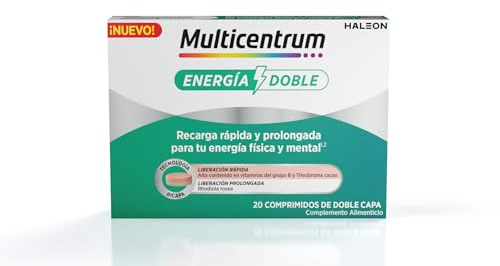 Multicentrum Energía Doble, Complemento Alimenticio, 20 Comprimidos | Vitaminas grupo B, Biotina, Rhodiola rosea, Theobroma cacao, Energía física y mental, Comprimidos doble capa