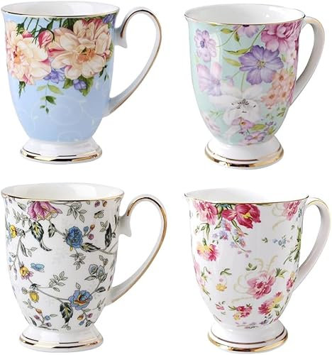 Kaffeetassen 4er Set, Blumenmuster Kaffeebecher, Große Knochen China Teetassen, 300 ml Trinkbecher mit Griff für Cappuccino Kaffee Tee Milch Büro Geschenk Becher (A)
