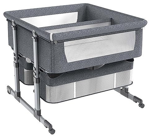 FZSERUN Zwillingswiege FüR Babys, Stubenwagen FüR 2 Babys, Co-Schlafsack FüR Kleinkinder Mit Aufbewahrungskorb, HöHenverstellbar, Tragbar Mit RäDern Und Airflow-Mesh,Grey 2