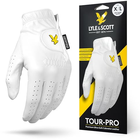 Lyle & Scott Tour Pro Premium Ultra Soft Cabretta Leather Golf Glove - Ultimate Grip, Moisture Control, Durable - Men's Golf Glove, White, Extra Large, Left Hand