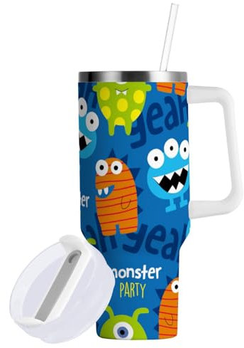 30 OZ Tumbler with Straw and Lid,Cute Monster Pattern Travel Mug Stainless Steel Double Wall Vacuum Insulated Water Bottle for Hot and Cold Drinks