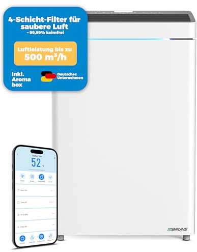 BRUNE 2-in-1 Luftreiniger und Luftbefeuchter B 200 mit App-Steuerung. 4 Schichtfilter gegen Viren, Bakterien & Staub - für Allergiker. Einsatz für Räume bis zu 500 m³ - Weiß