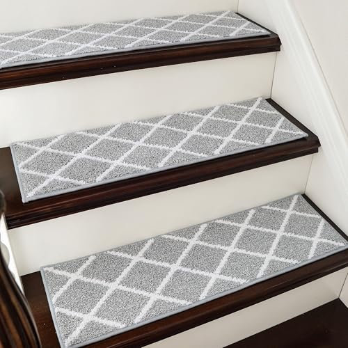 COSY HOMEER 4 Stück Treppenstufen Matten, 70 x 22cm Anti Rutsch Stufenmatten Selbstklebend, Maschinenwaschbar, 100% Polyester, TPE-Rücken, Ideal für Kinder, Senioren und Haustiere, Grau Weiß