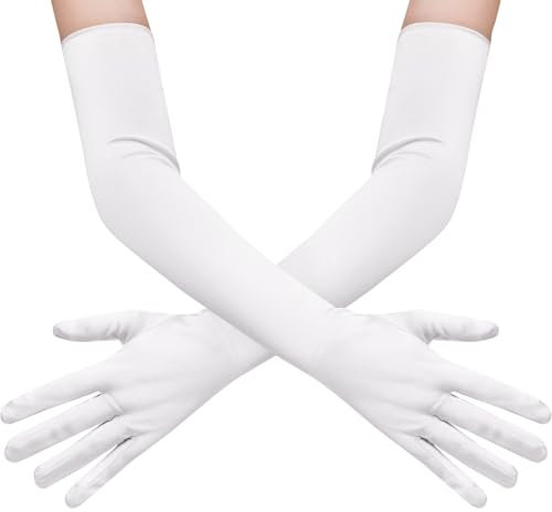 GEBETTER Lange Handschuhe Damen Elegant, Satin klassisch Abendhandschuhe 1920er Handschuhe für Frauen Mädchen Classic Oper Party Halloween Karneval Fasching Fest Kostüm Satinhandschuhe (Weiß, 55 cm)