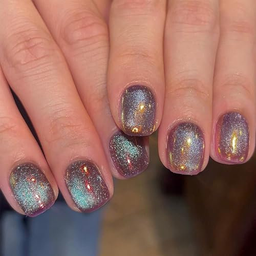 Short Round False Nails Kit, 24PCS Glitter Artificial Nails, Glue-On Nails, Easy Press-On Nails with 12 Sizes, Elegant Touch Design for Quick Manicure, for Parties and Weddings, Manicure at Home